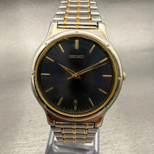 Seiko Watch Men 33mm Black Dial Two Tone Date Round V732-0090 New Battery VTG0