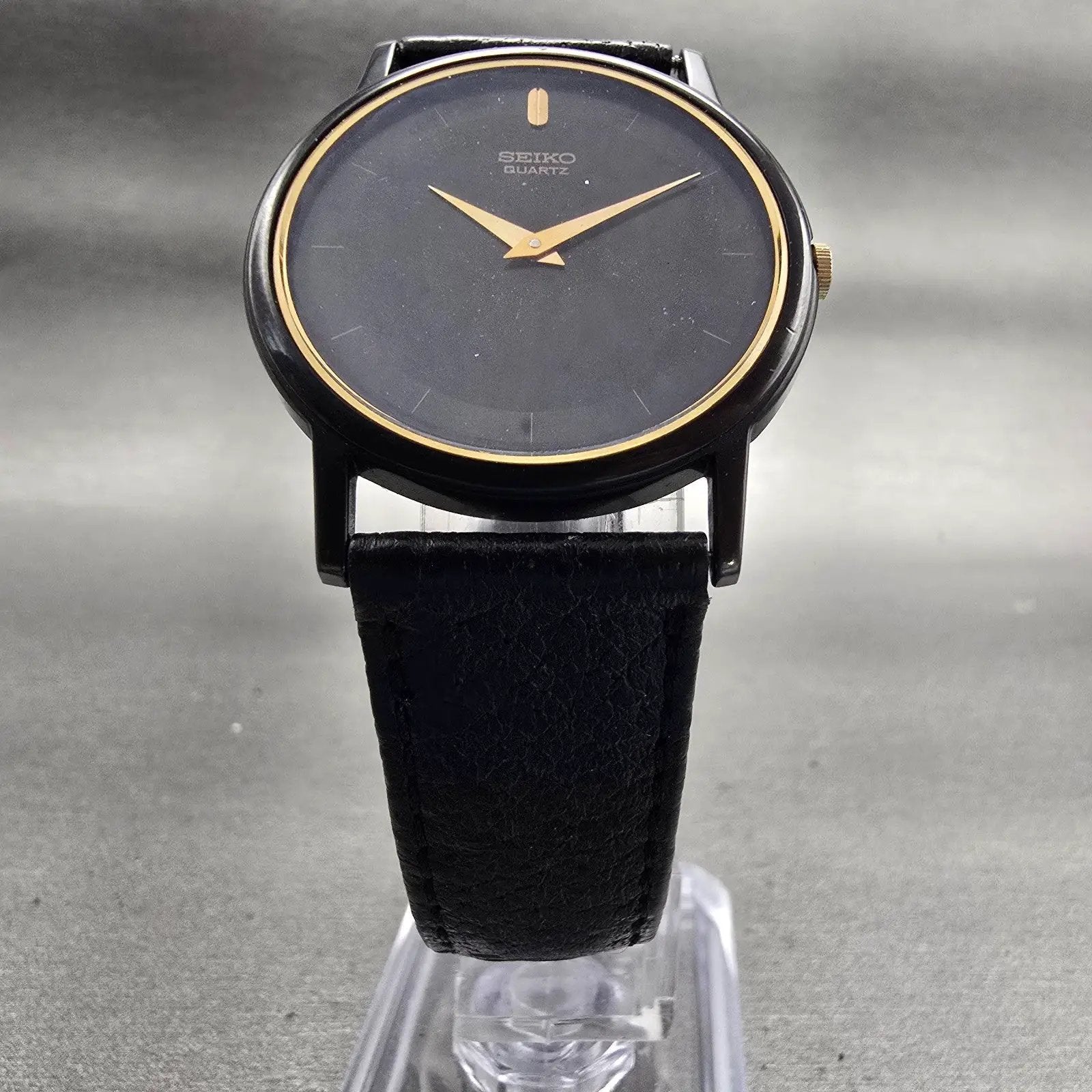 Seiko Watch Men 32mm Black Dial Black Tone Round 7430-7039 New Battery Vintage5