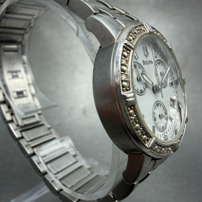 Bulova Chronograph Watch Women 30mm White Dial Silver Tone Date 96R19 New BattVE3