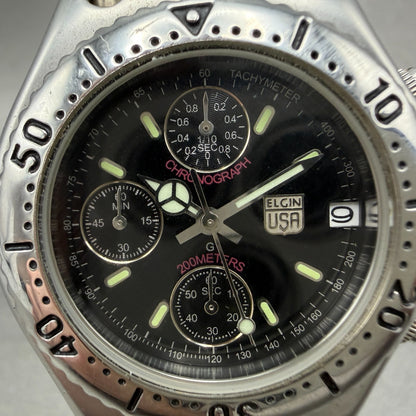 Elgin Chronograph Watch Men 39mm Black Dial Silver Tone Round FK-667 New Battery1