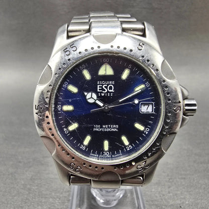 ESQ Dive Watch Men 38mm Blue Dial Steel Date E5066 Round New Battery0