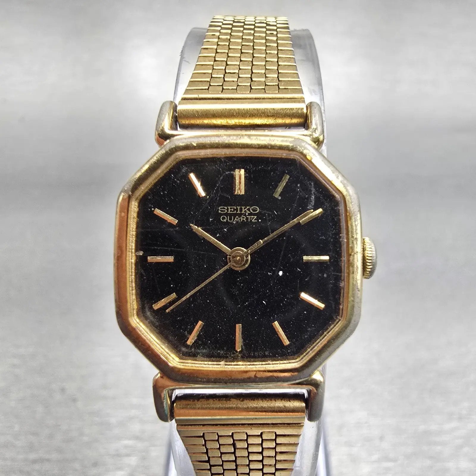 Seiko Watch Women 20mm Black Dial Gold Tone Octagon 2C21-5170 New Battery VTG0