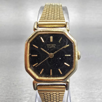 Seiko Watch Women 20mm Black Dial Gold Tone Octagon 2C21-5170 New Battery VTG0