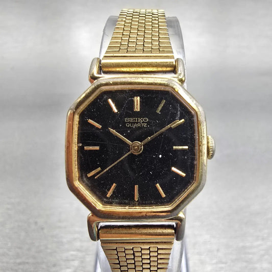 Seiko Watch Women 20mm Black Dial Gold Tone Octagon 2C21-5170 New Battery VTG0
