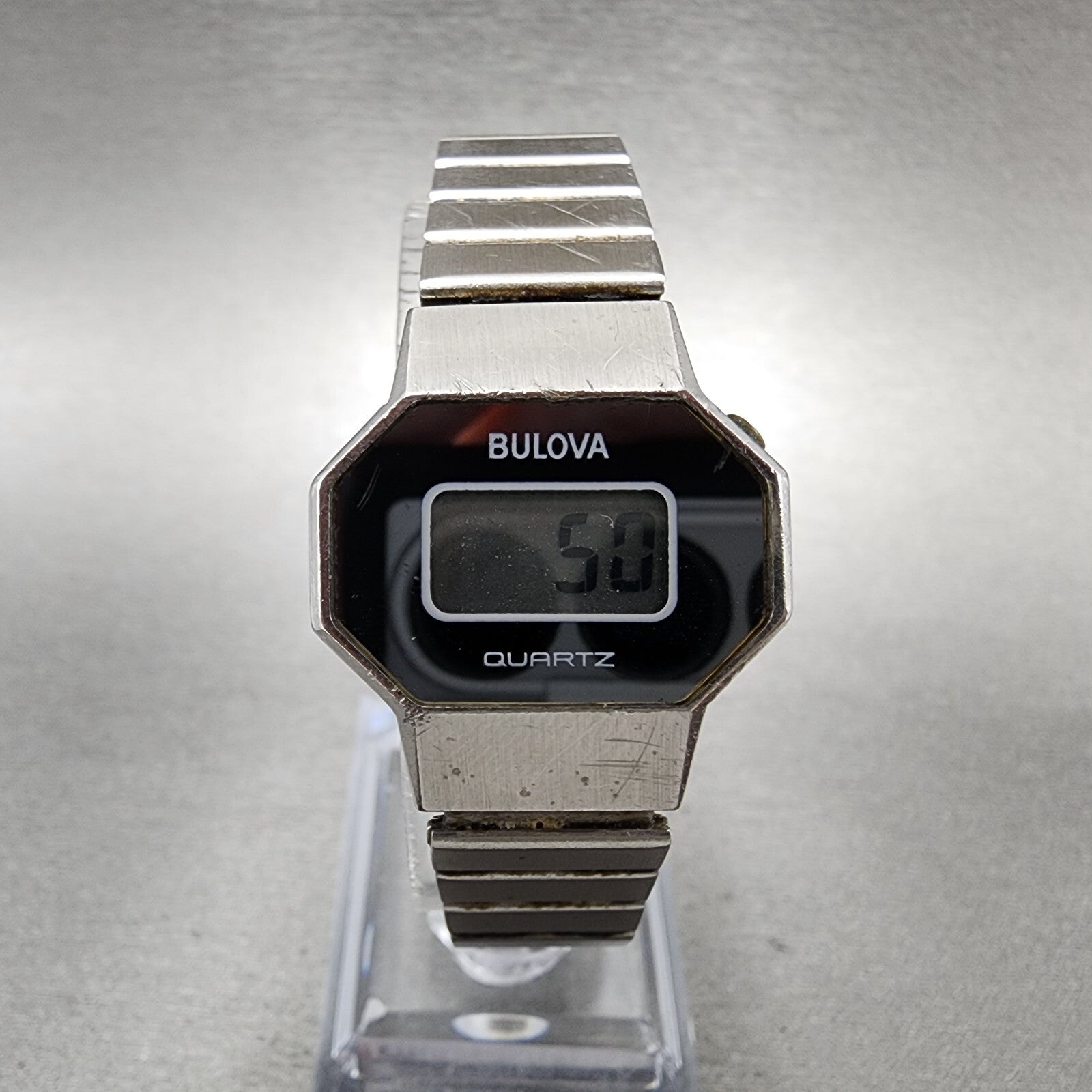 Bulova Digital Watch Women 25mm LCD Blue Dial Silver Tone Octagon New Battery N70