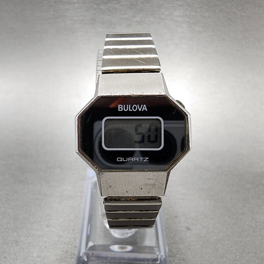 Bulova Digital Watch Women 25mm LCD Blue Dial Silver Tone Octagon New Battery N70