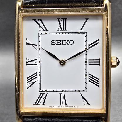 Seiko Tank Watch Men 28mm White Dial Gold Rectangle 4N30-00G0 New Battery1