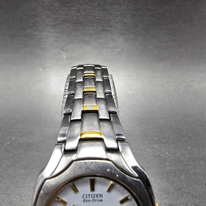 Citizen Eco-Drive Watch Women 25mm White Dial Two Tone Date Round E011 Works4