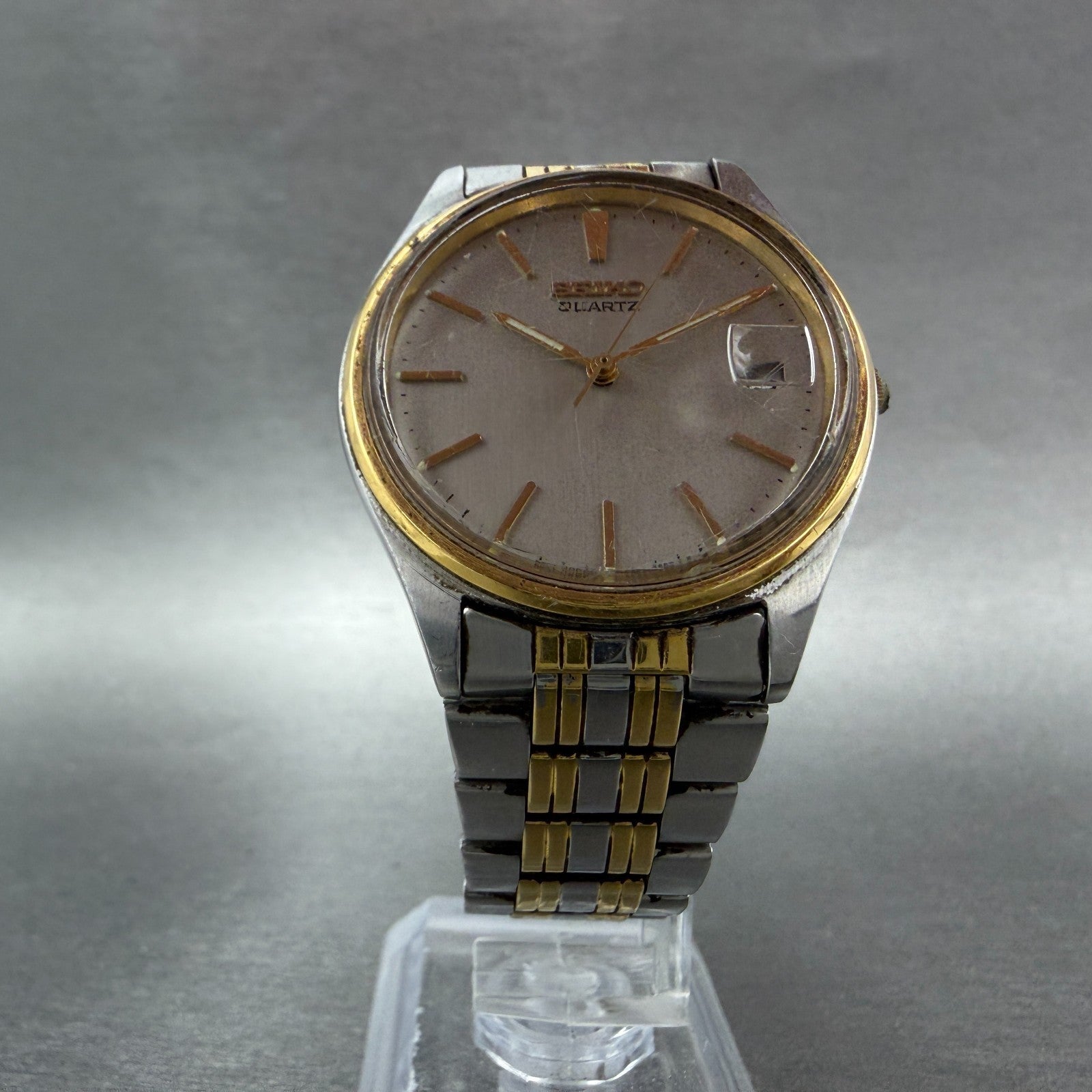 Seiko Watch Men 35mm Silver Dial Two Tone Date Round 7N42-8A39 New Battery VTG5