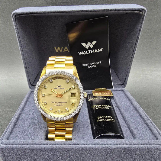 Waltham President Watch Men 36mm Gold Dial Gold Tone Daydate Round New Battery0