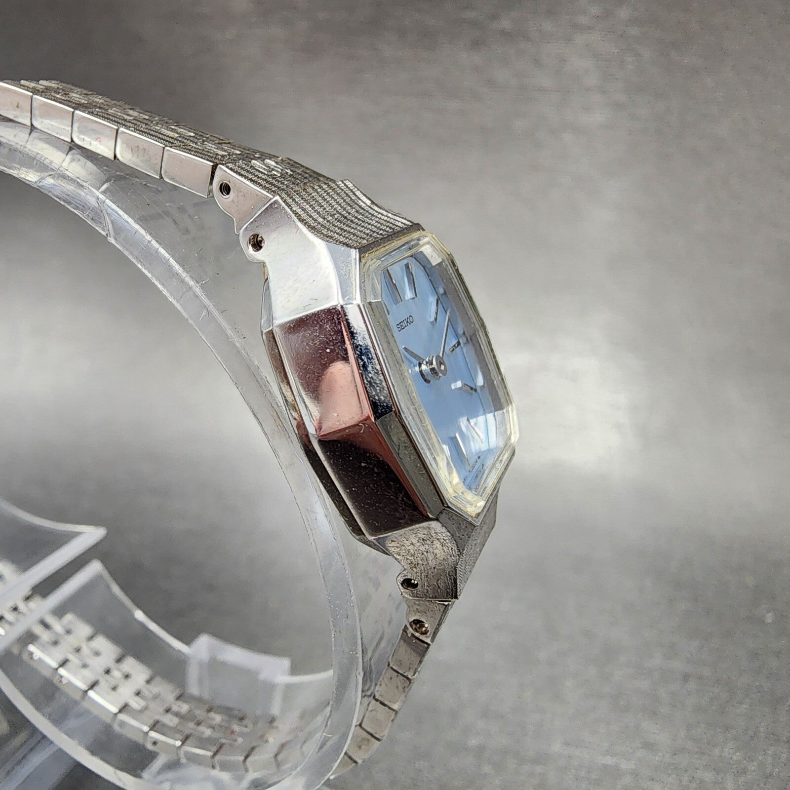 Seiko Watch Women 19mm Blue Dial Silver Tone Rectangle Manual Wind Runs NOS8