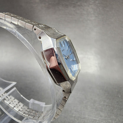 Seiko Watch Women 19mm Blue Dial Silver Tone Rectangle Manual Wind Runs NOS8