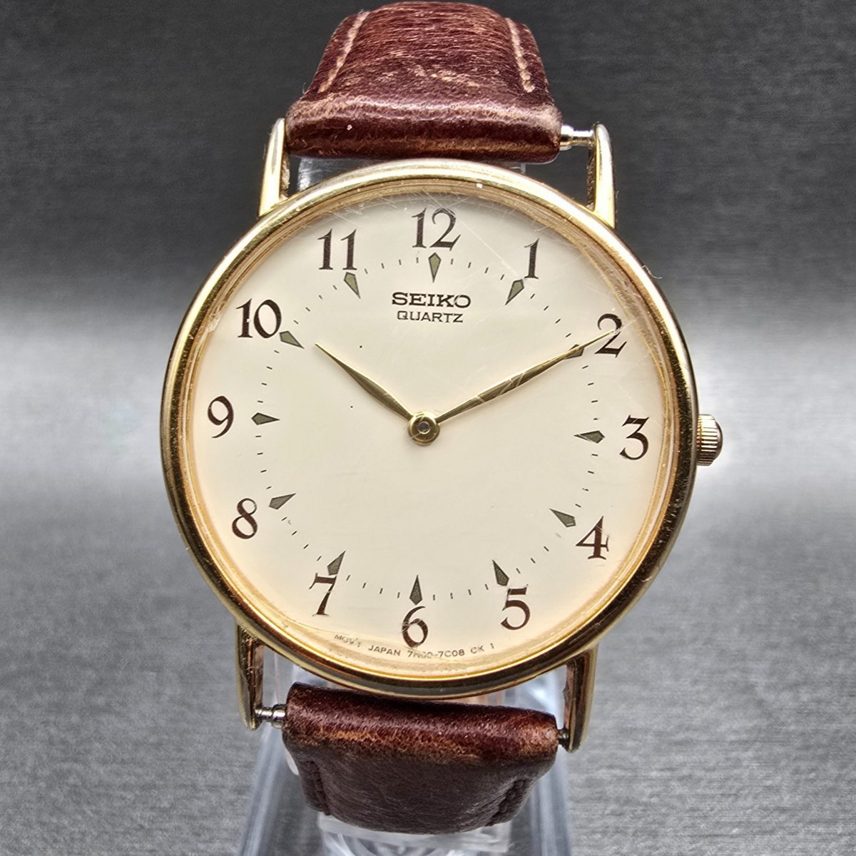 Seiko Watch Men 31mm Ivory Dial Gold Tone Round 7N00-7A49 New Battery Vintage0