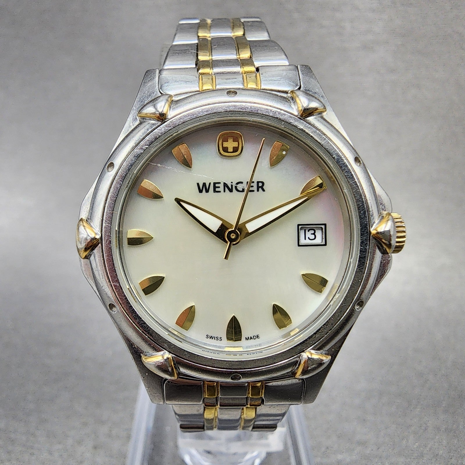Wenger Watch Women 28mm MOP Dial Two Tone Date Round 70236 New Battery0