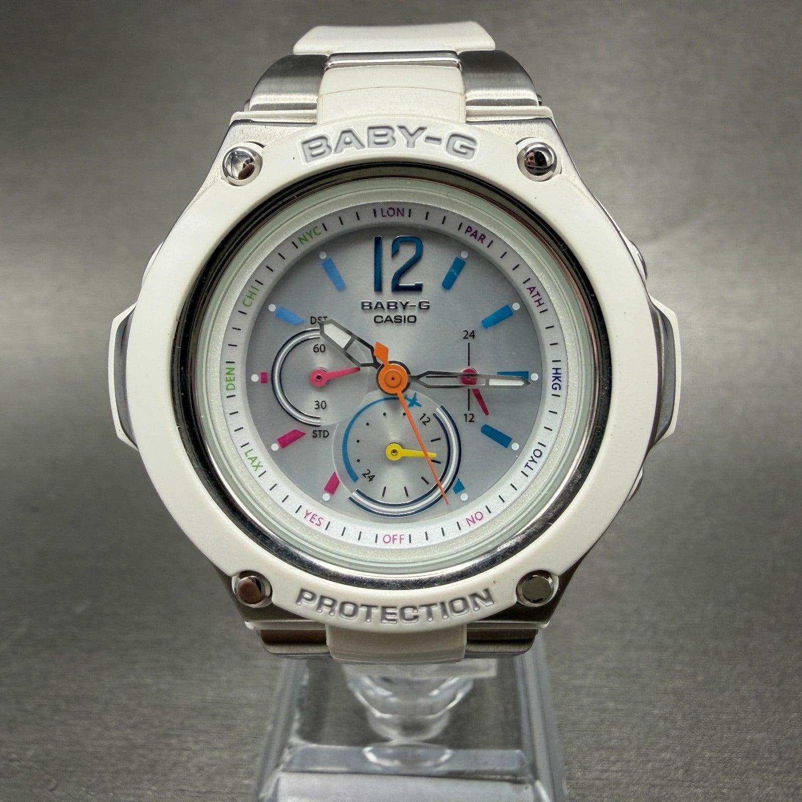 Casio BabyG Watch Women 41mm Silver Dial White Tone Round Solar BGA1400 Works0