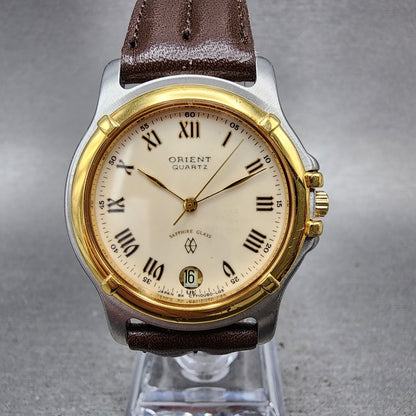 Orient Watch Men 33mm White Dial Two Tone Date Round Roman Numerals New Battery0