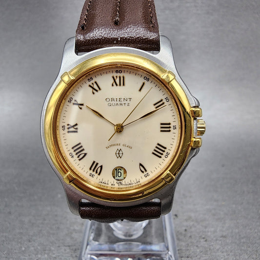 Orient Watch Men 33mm White Dial Two Tone Date Round Roman Numerals New Battery0