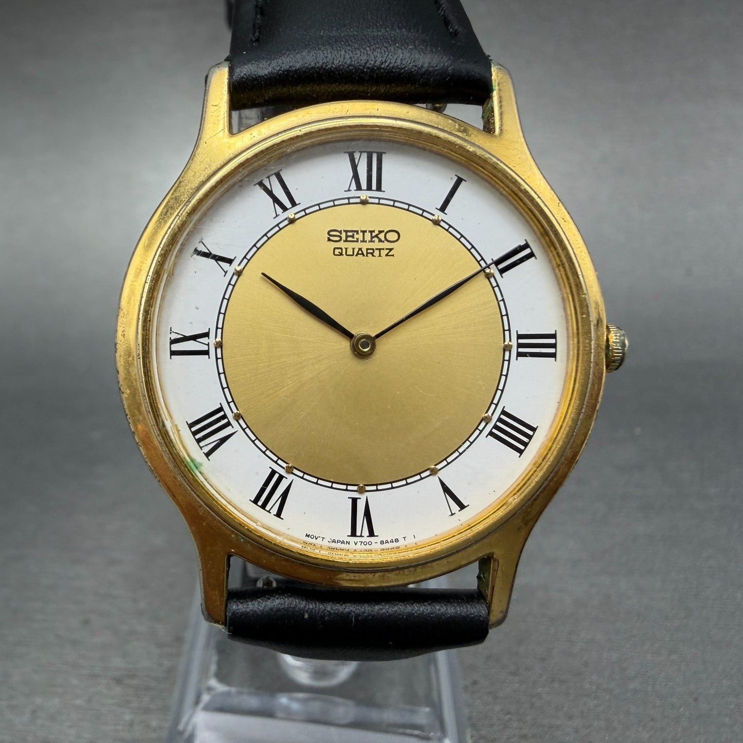 Seiko Watch Men 34mm White&Gold Dial Gold Tone Round V700-8a19 New Battery0