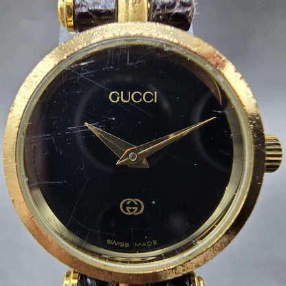 Gucci 2000L Watch Women 22mm Black Dial Gold Plated Round New Battery VTG BDRER1