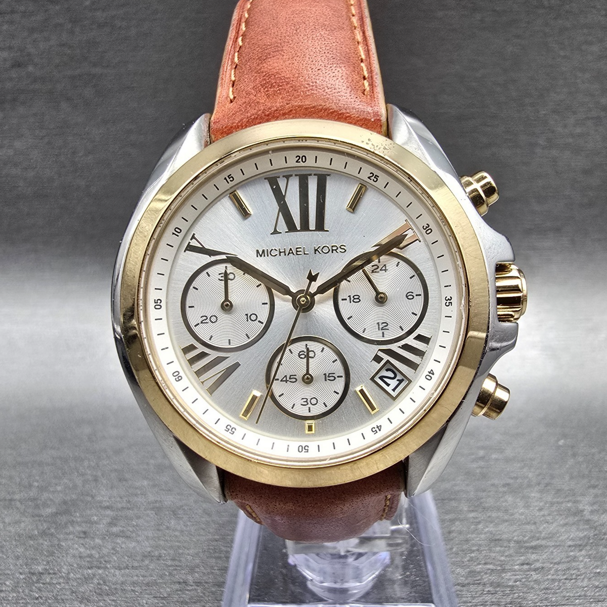 Michael Kors Bradshaw Watch Women 36mm Silver Dial Chrono Date MK-2301 New Batt0