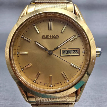 Seiko Watch Men 37mm Gold Dial Gold Tone Daydate Round 7N43-9070 New Battery VTG1