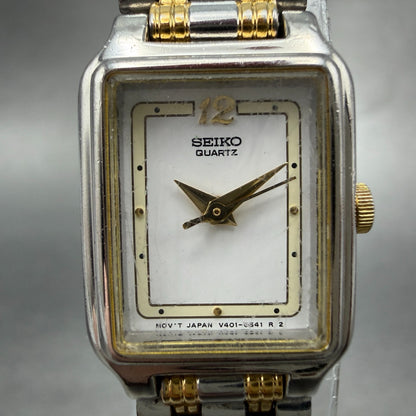 Seiko Tank Watch Women 18mm White Dial Two Tone Rectangle V401-5129 New Batt SQL1