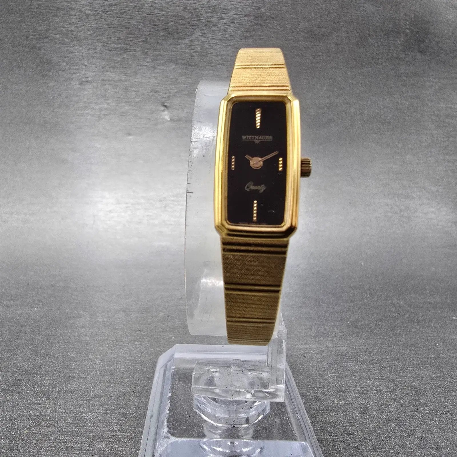 Wittnauer Watch Women 12mm Black Dial Gold Tone Rectangle AS1732 0280 New Batt7