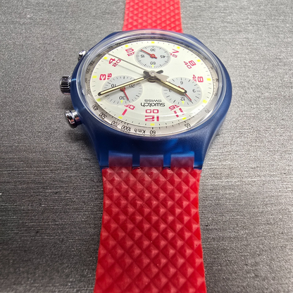 Swatch Chrono JFK Watch Men 37mm White Dial Blue Case SCN103 New Battery NOS7