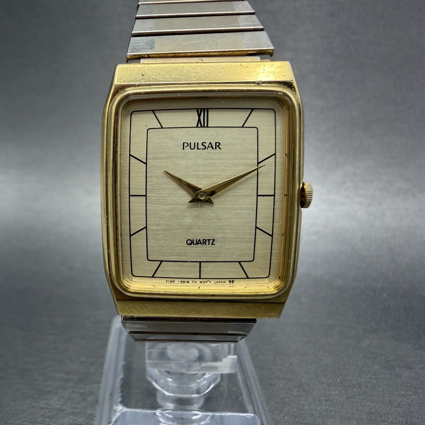 Pulsar Tank Watch Men 27mm Champagne Dial Gold Tone Rectangle Y130-5240 New Batt0