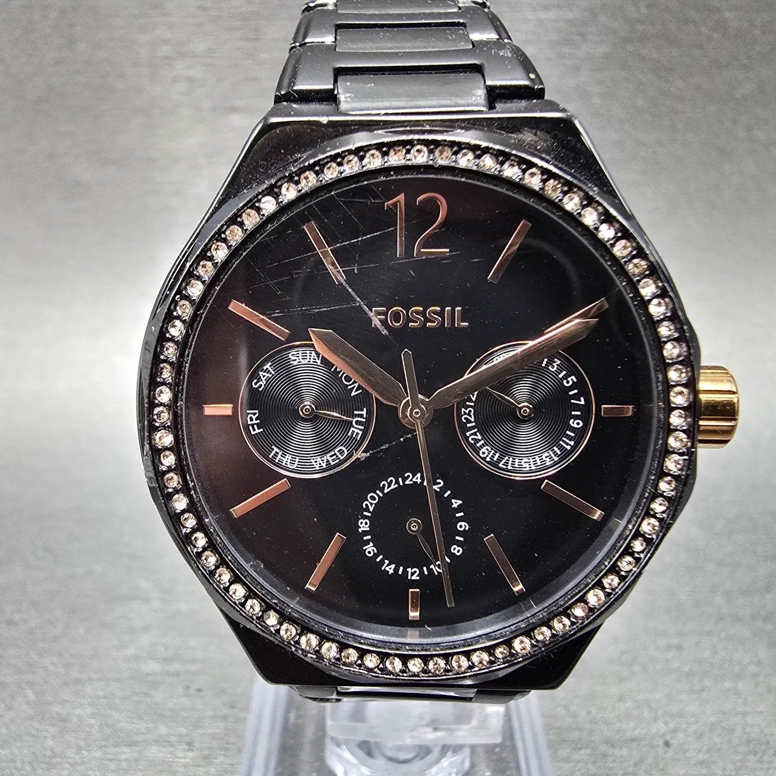 Fossil Watch Women 36mm Black Dial Black tone Daydate Round BQ2645 New Battery0