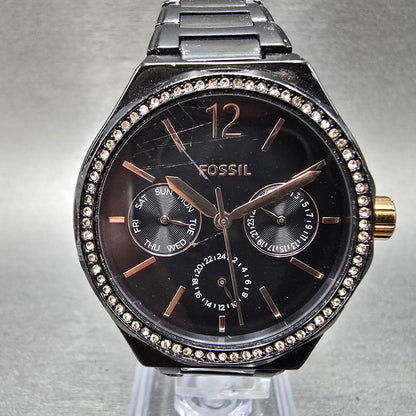 Fossil Watch Women 36mm Black Dial Black tone Daydate Round BQ2645 New Battery0