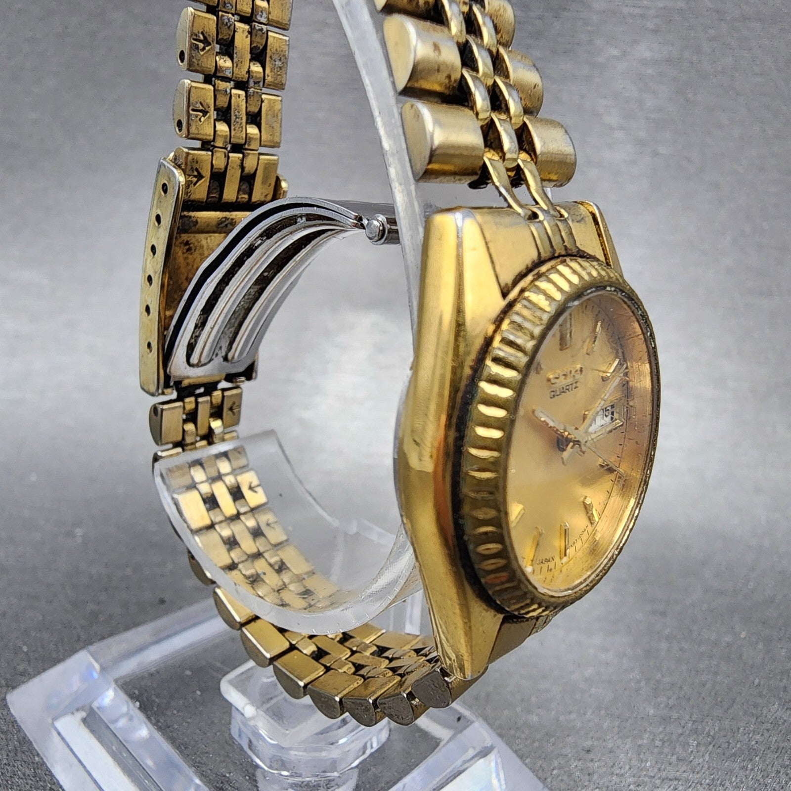 Seiko Watch Women 24mm Gold Dial Gold Tone Daydate Round 7N830041 New Battery3