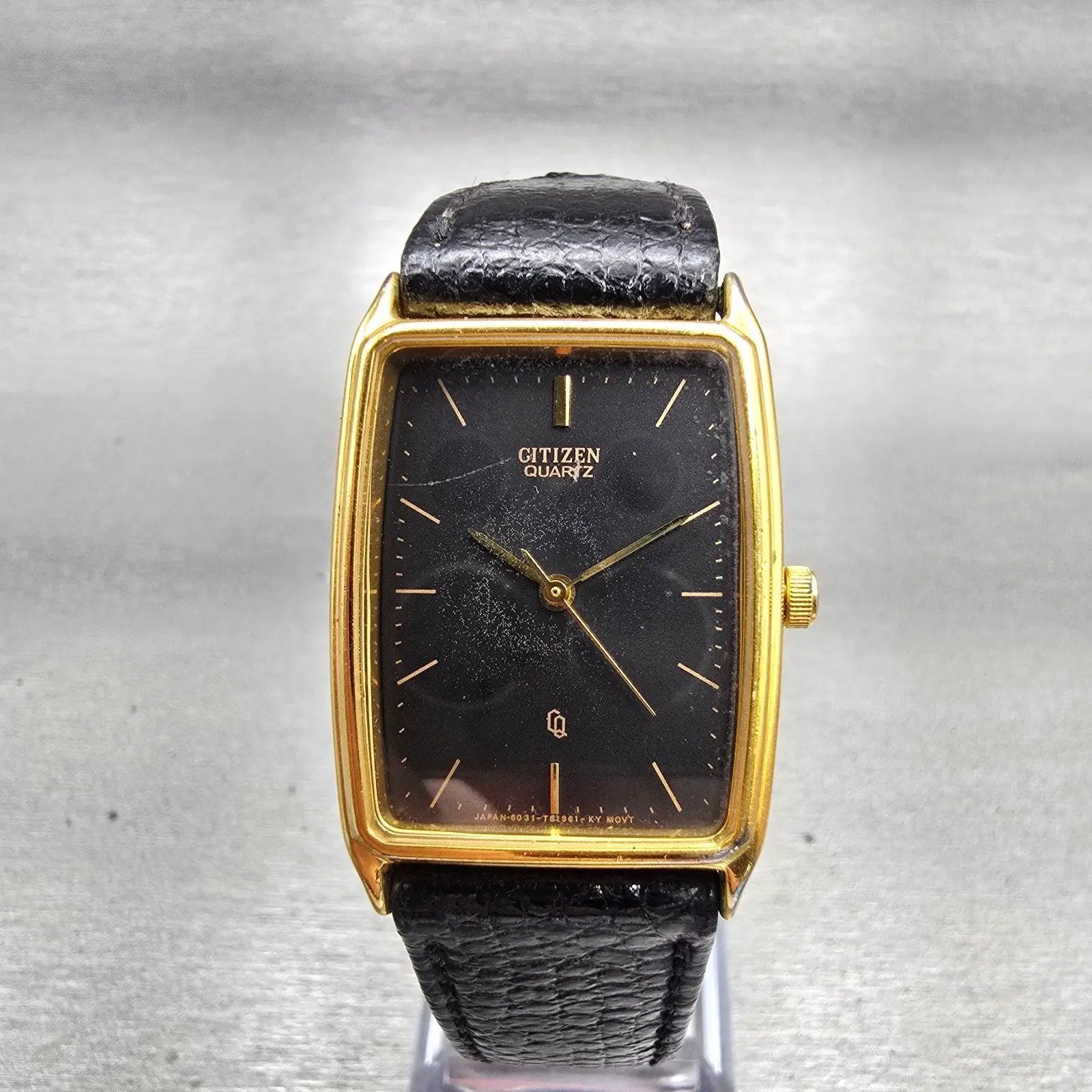 Citizen CQ Watch Men 25mm Black Dial Gold Tone Rectangle 6031-T20981 New Battery0