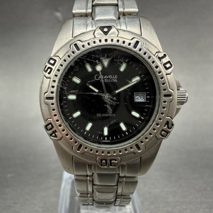 Bulova Caravelle Dive Watch Women 28mm Black Dial Silver Tone Date New battery0