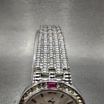 LZ Watch Women 25mm White Dial Silver Tone Ruby Bezel Diamonds Fine Plat New Bat4