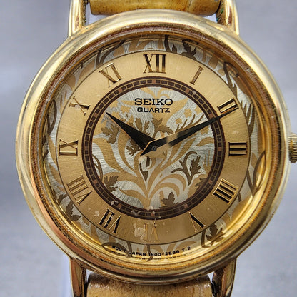 Seiko Watch Women 26mm Gold Floral Dial Gold Tone Round 1n000d59 New Battery1