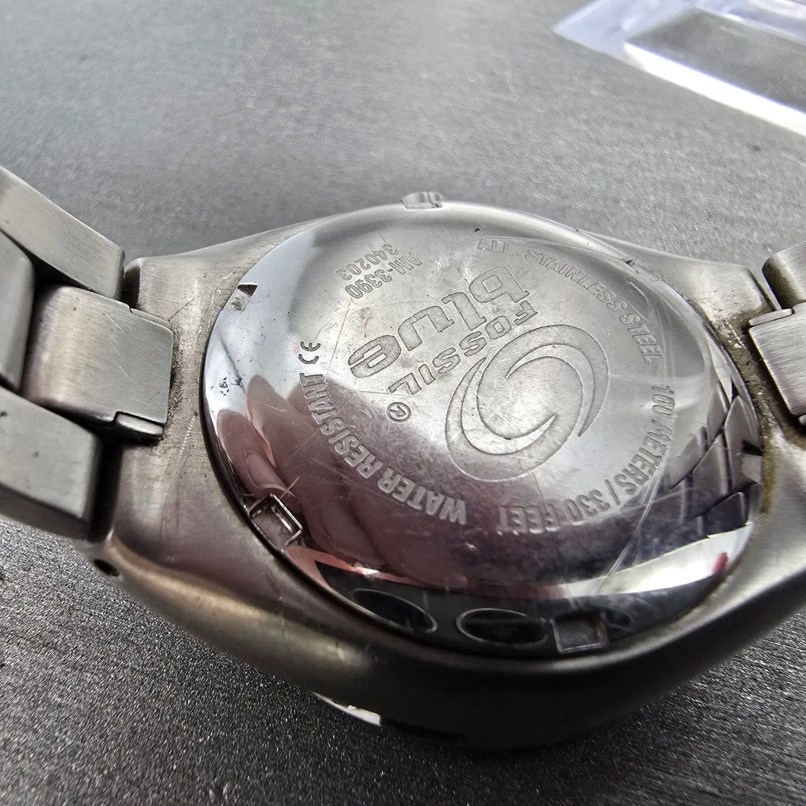 Fossil Blue Watch Unisex 35mm Black Dial Silver Tone Round AM-3390 New Battery10