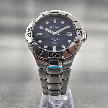 Bulova Marine Star Watch Men 39mm Blue Dial Silver Tone Date 96B58 New Battery5