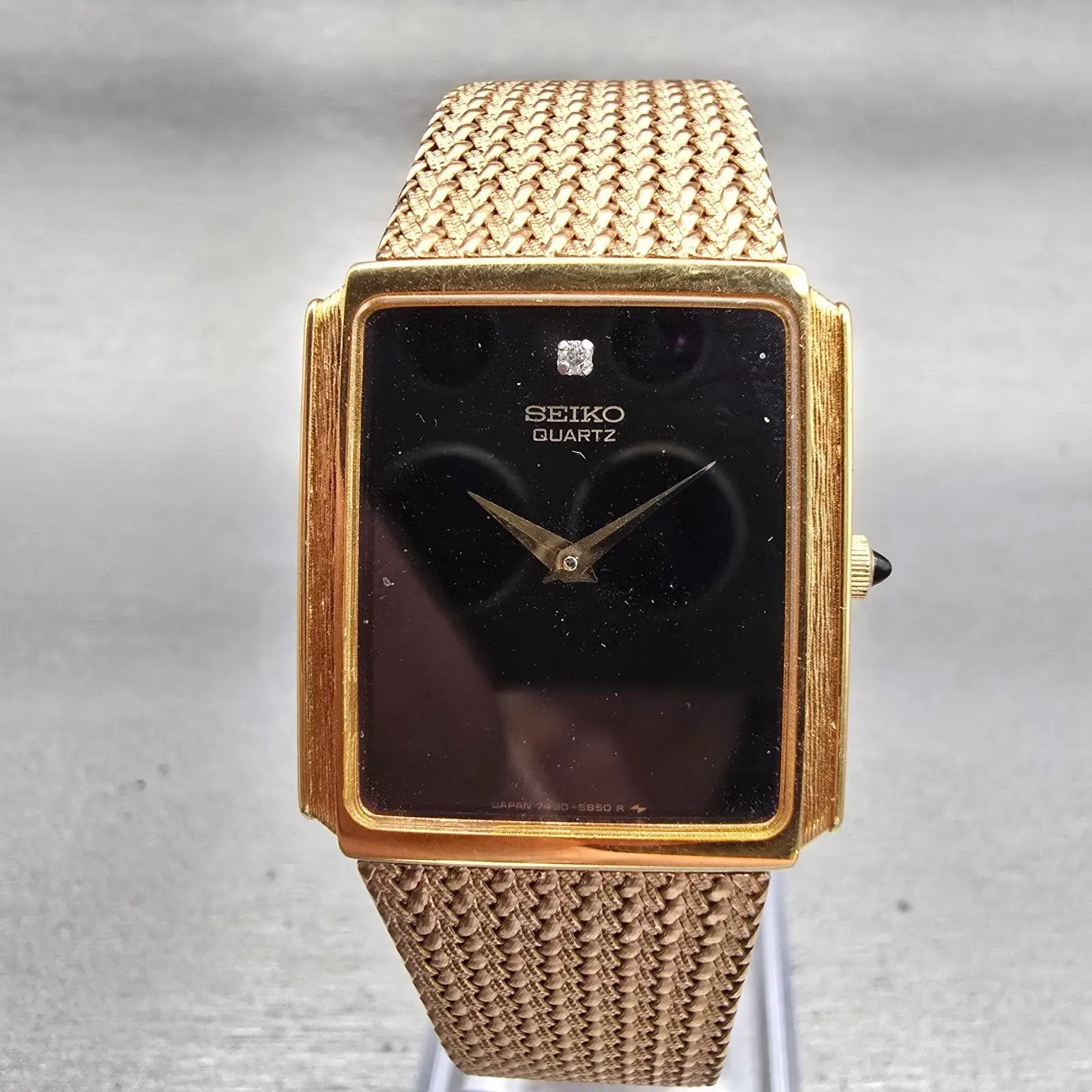 Seiko Watch Men 25mm Black Dial Gold Tone Rectangle 7430-5499 New Battery VTG0