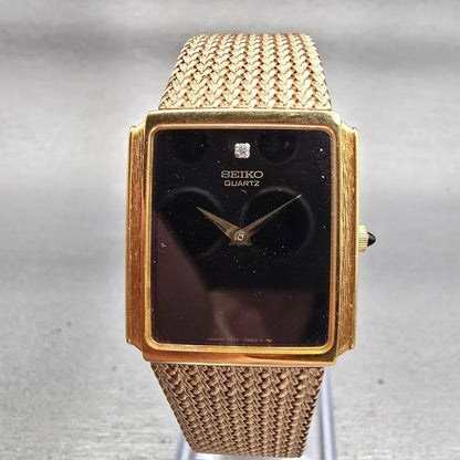 Seiko Watch Men 25mm Black Dial Gold Tone Rectangle 7430-5499 New Battery VTG0