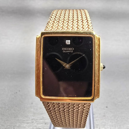 Seiko Watch Men 25mm Black Dial Gold Tone Rectangle 7430-5499 New Battery VTG0