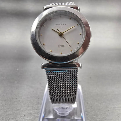 Skagen Watch Women 26mm White Dial Silver Tone Round 107SSSBD Mesh Band New Batt5
