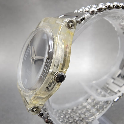 Swatch Silver Fall Watch Women 25mm Silver Dial Clear Case Round LW130 New Batt2