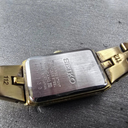 Seiko Solar Tank Watch Women 15mm Gold Dial Gold Tone Rectangle V116-0AH0 WorksL9