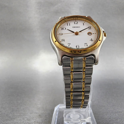 Seiko Watch Women 28mm White Dial Two Tone Date Round 7N82-0790 New Battery
