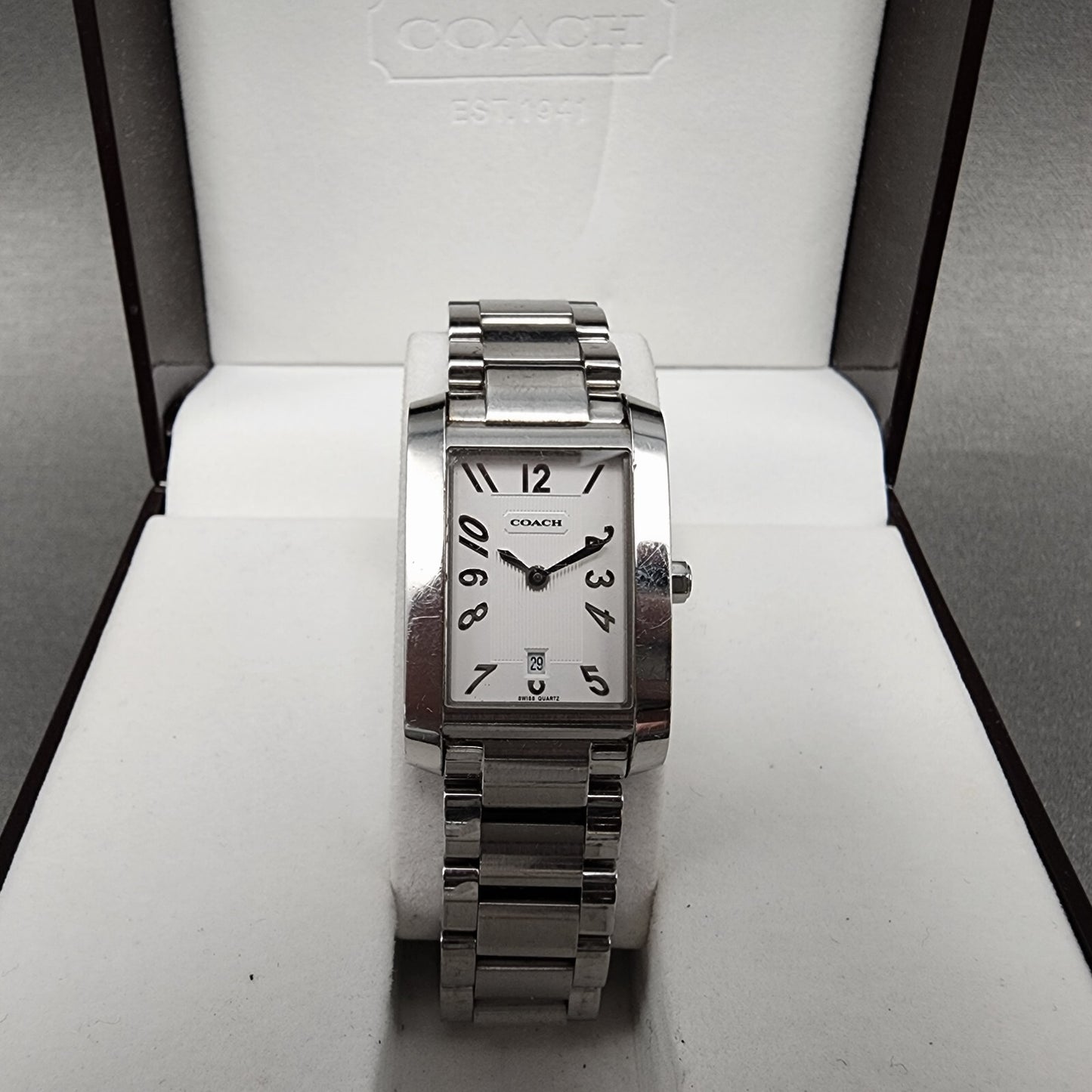 Coach Tank Watch Women 22mm White Dial Stainless Steel Date Rectangle New Batt0