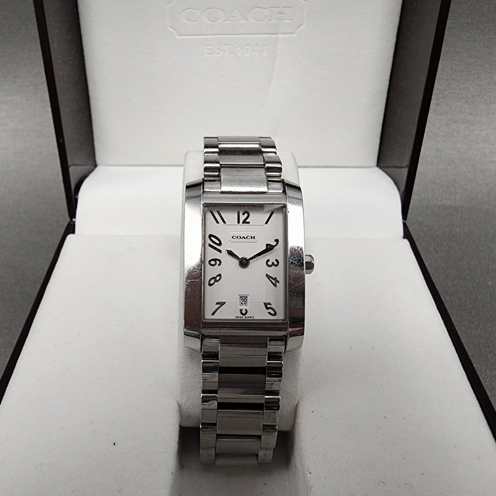 Coach Tank Watch Women 22mm White Dial Stainless Steel Date Rectangle New Batt0