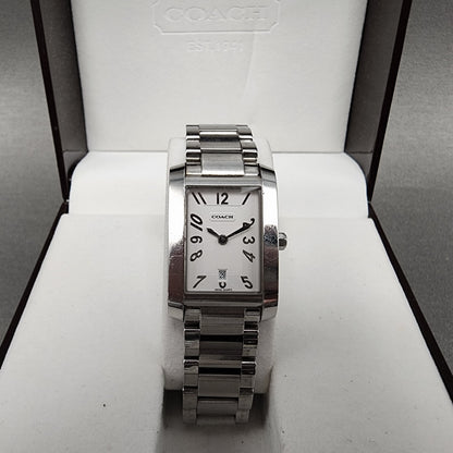 Coach Tank Watch Women 22mm White Dial Stainless Steel Date Rectangle New Batt0