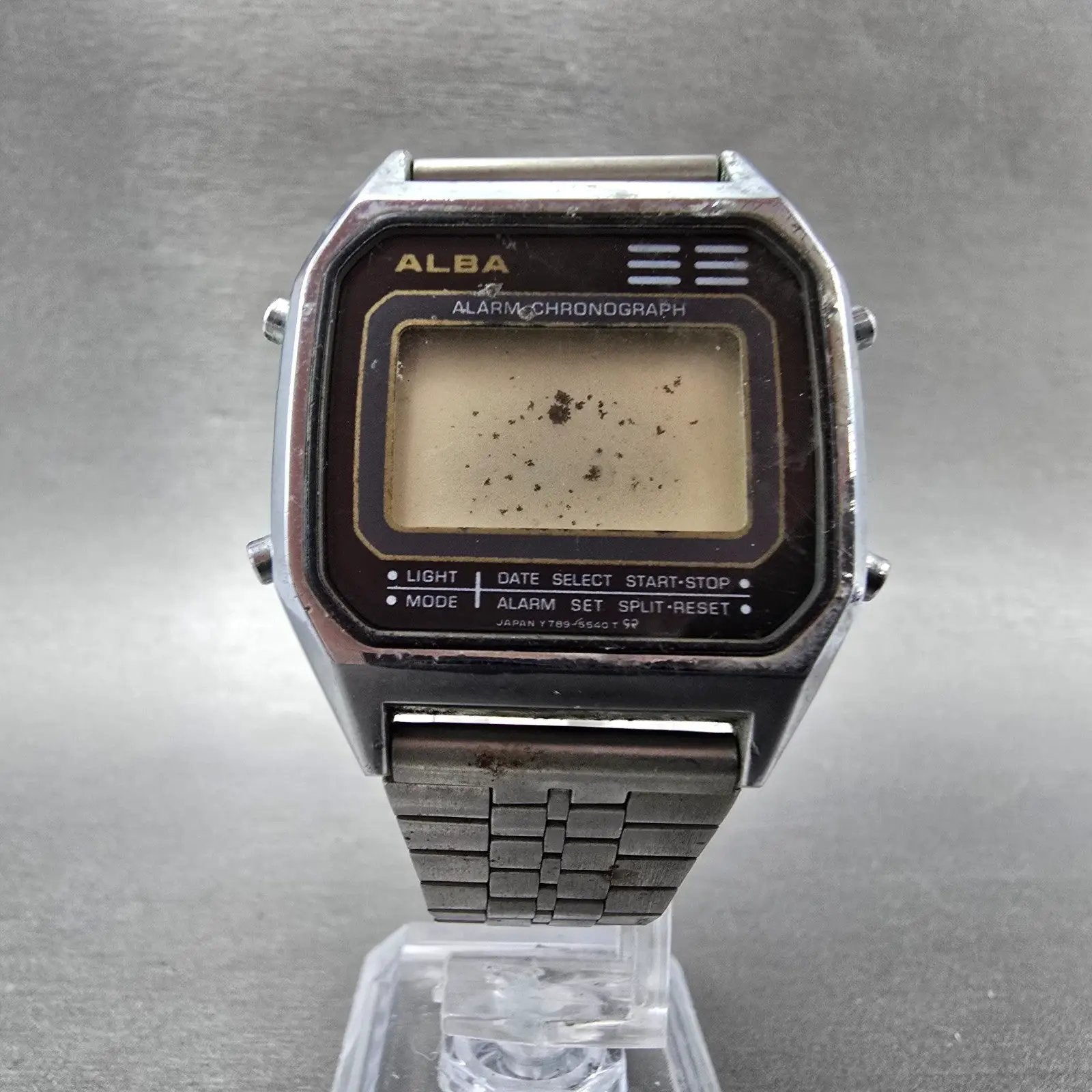 Seiko Alba Watch Men 34mm Silver Digital Alarm Chronograph Y789-5500 PARTS VTG6