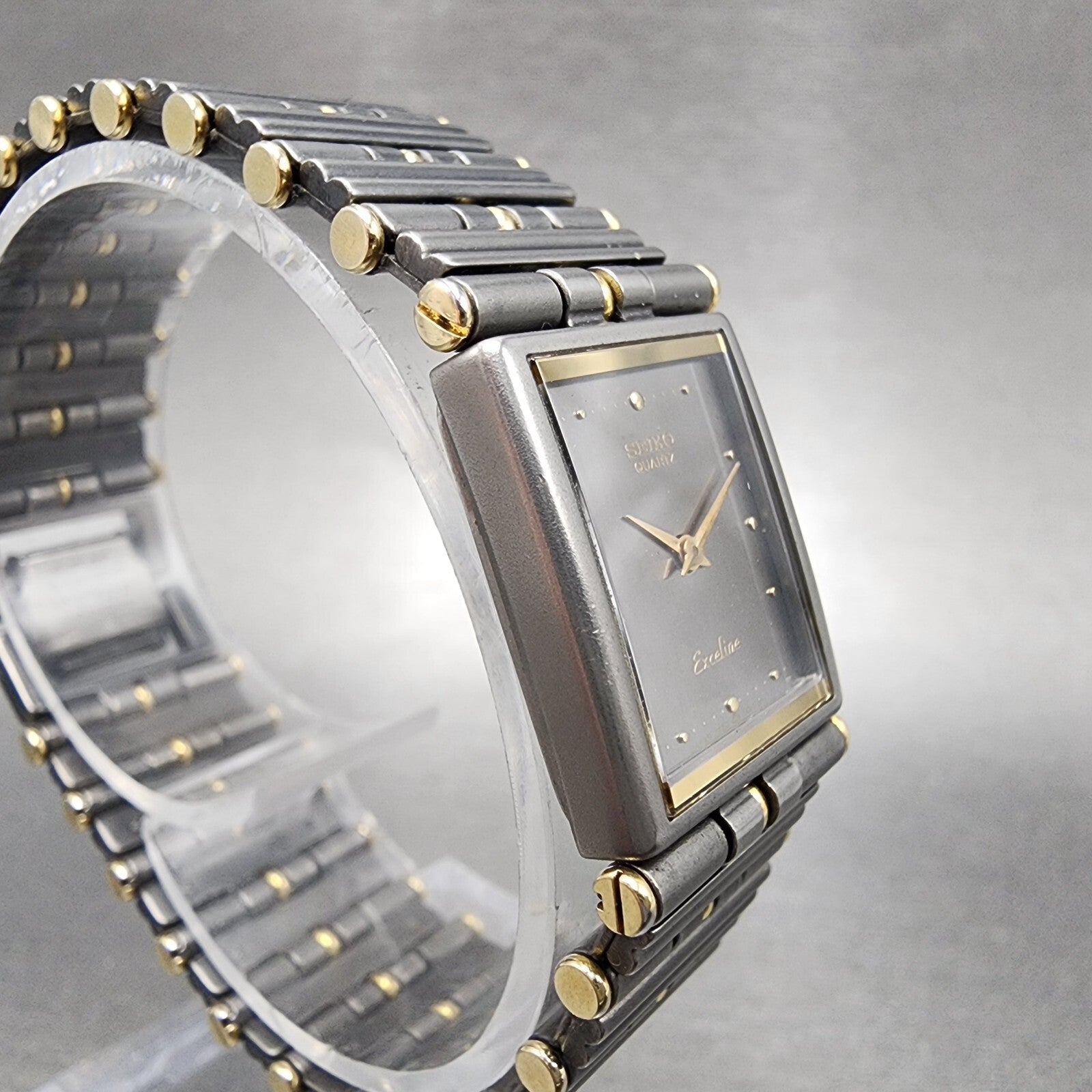 Seiko Exceline Tank Watch Women 18mm Gray Dial Two Tone Rectangle Titanium Runs3